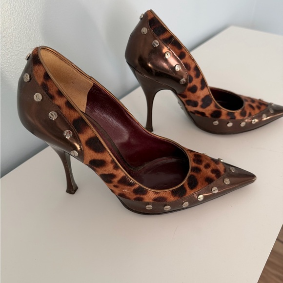 Dolce & Gabbana Shoes - Dolce & Gabbana Leopard-Print Pointed Studded Pumps - Brown & Metallic